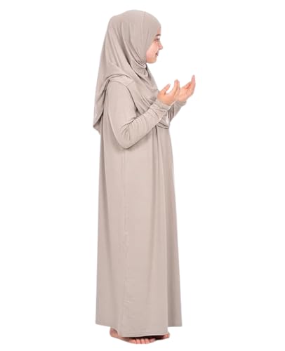 Prien Kids Prayer Dress Muslim Clothes for Girls Long Sleeve Abaya with Hijab Two Piece Maxi Islamic Set Scarf Kaftan Jilbab - color: Ecru