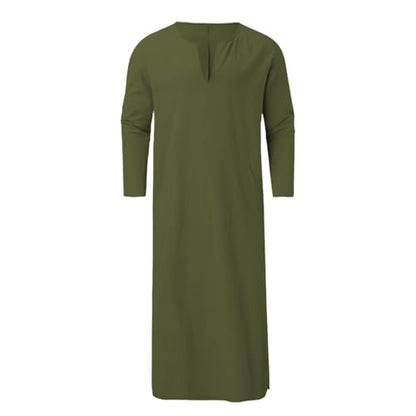 Muslim Robe Kaftan for Men Long Sleeve Solid V Neck Shirts Linen Kaftan Muslim Long Gown Side Split Ethnic Thobe Robe - color: Army Green, size: Small