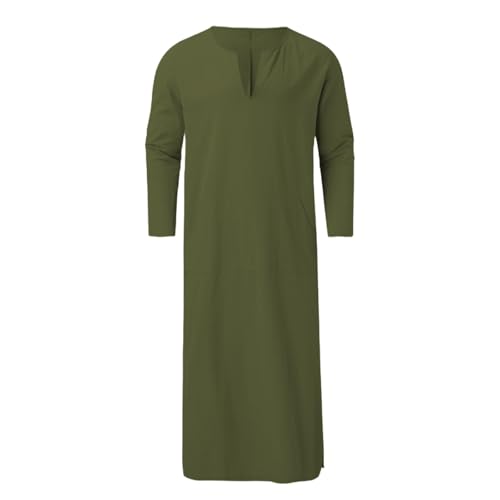 Muslim Robe Kaftan for Men Long Sleeve Solid V Neck Shirts Linen Kaftan Muslim Long Gown Side Split Ethnic Thobe Robe - color: Army Green, size: Medium