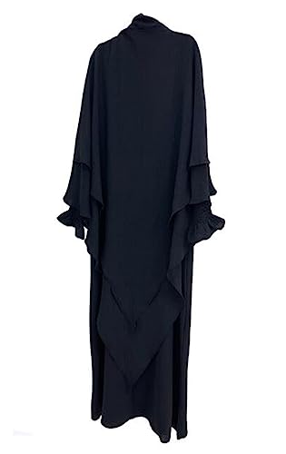 Women Prayer Dress Muslim Ramadan Garment Abaya Dubai Islam Jilbeb 2 Piece Set Layered Khimar Scarf Hijab and Long Dress - color: Black, size: Small