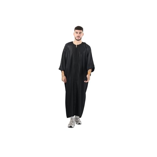 Men’s Moroccan Gandora – Traditional Short Sleeve Thobe – Lightweight Summer Kaftan Robe for Men - color: Black, size: Medium