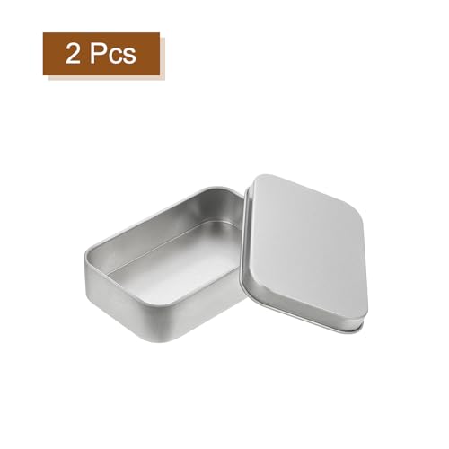 Metal Tin Box Containers, 2Pcs 3.7x2.4x0.9 Inch Silver Rectangular Metal Hinged Tin Box Mini Portable Storage Container Kit with Lid for Home Storage