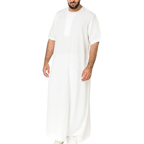Muslim Thobe Robe for Mens Long Sleeve Thobe Thawb Middle East Saudi Arab Caftan Crew Neck Islamic Abaya Dubai Robes - color: White, size: Small