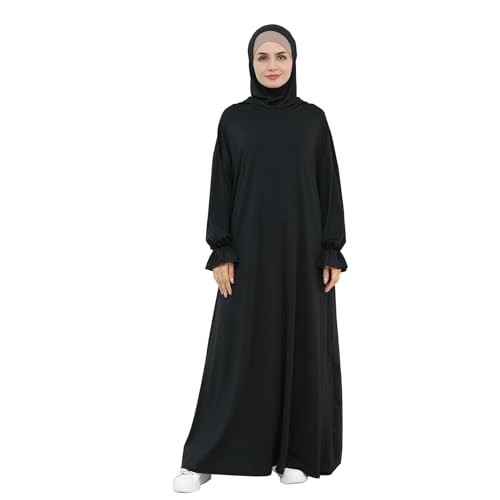 Muslim Hoodie Abaya Islamic Prayer Jilbab Maxi Robe with Inner Cap | Two-layer Cap, Prayer Abaya, Large Style - color: Black