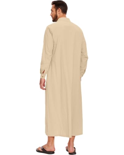 LVCBL Thobe for Men Long Sleeve Kaftan Muslim Thobe Button Down Long Gown Caftan with Pockets - color: Khaki, size: Medium