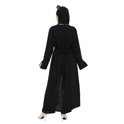 IDOPIP Muslim Women 2-Piece Set Long Sleeve Ramadan Islamic Abaya Dress Shirt with Pants Loose Fit Casual Dubai Prayer Outfit - color: Black, size: X-Small-Small