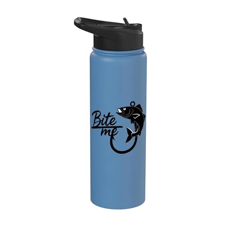 Bite Me Fishing Hook Funny Angler Fish Graphic Stainless Steel Insulated Water Bottle - color: Light Blue