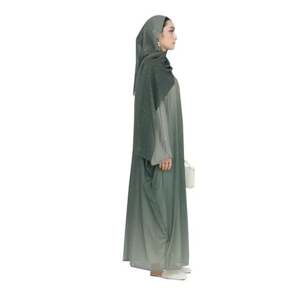 Muslim Women Abaya Gradient Flash Cardigan Sequin Robe with Hijab | Gradient Color, Flash Sequin, Scarf Hijab - color: Army Green+hijab, size: Medium
