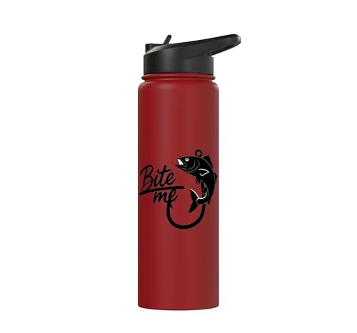 Bite Me Fishing Hook Funny Angler Fish Graphic Stainless Steel Insulated Water Bottle - color: Red