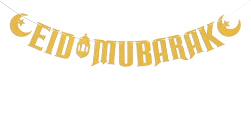 Eid Mubarak Banner - Ramadan Kareem Banner, Eid Party Decor, Muslin Eid Party Decorations, Muslim Ramadan Mubarak Party Supplies Gold Glitter