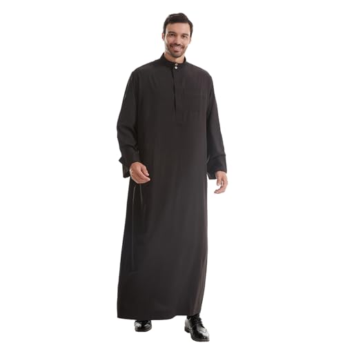 IWEMEK Muslim Thobe for Men Kaftan Thobe with Pockets Middle East Saudi Arabic Robe Ramadan Caftan Dubai Islamic Abaya Dress - color: Black, size: 3X-Large