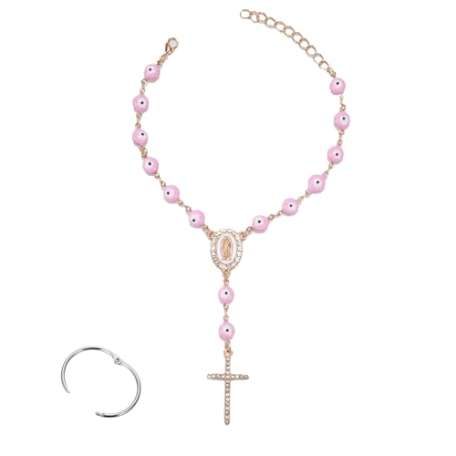 Car Rosary for Rearview mirror, Evil Eye Rearview Mirror Auto Rosary Beads Car Medal and Cross Hanging Accessories for Mirror Interior Decors for Women Men (Pink) - size: Pink