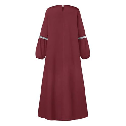 Muslim Prayer Dress Long Sleeve Round Neck Loose Abaya Maxi with Sequin Detail Flowy Sun Dress Casual Cover Up - color: 01#_wine, size: Large