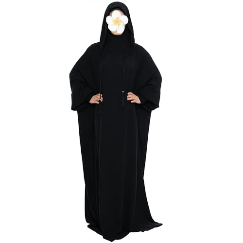 khalat Muslim Prayer Dress Abaya Solid One-Piece Hoodie Abaya Dress for Women Long Maxi Dress Islamic Dubai Jilbab - color: Black