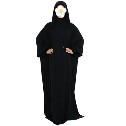 khalat Muslim Prayer Dress Abaya Solid One-Piece Hoodie Abaya Dress for Women Long Maxi Dress Islamic Dubai Jilbab - color: Black