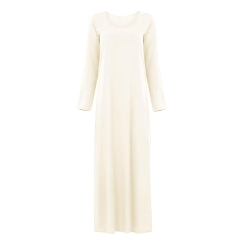 Womens Musilin Long Dress for Islamic Prayer Long Sleeve Robe Dress Full Cover Round Neck Dubai Kaftan Abayas Outfit - color: Nude, size: XX-Large-3X-Large