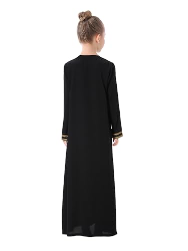 WSPLYSPJY Kids Girls Gold Embroidered Muslim Dress Abaya Long Sleeve Eid Robe Prayer Clothes - color: Black, size: 11-12 Years