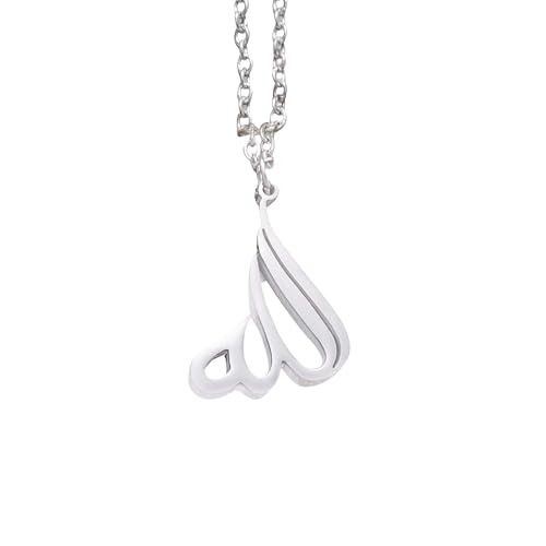 ZUDO Allah Calligraphy Necklace - 18K Gold, 18K Rose Gold & Silver Rhodium Coated Stainless Steel Pendant with Adjustable Chain, Elegant Islamic Jewelry for Women and Men, Thoughtful Gift - color: Silver