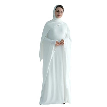 Abaya 무슬림 여성용 드레스 배트윙 슬리브 루즈핏 맥시 겸손한 이슬람 의류 히잡 스카프 포함 기도 드레스 - color: 화이트.