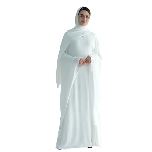 Abaya Muslim Women Dress Batwing Sleeve Loose Maxi Modest Islamic Clothes Prayer Dress with Hijab Scarf - color: White
