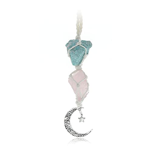 BOHO GARDEN Hanging Car Charm - Amazonite & Rose Quartz - Dangling Moon & Healing Crystal Accessories, Rearview Mirror Decorations - Self-Love, Honesty, Clarity, Connection, Self-Worth, Love, Energy - color: Amazonite-rose Quartz