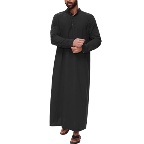 Generic Kurta Men Long Sleeve Kaftan Thobe Muslim Men Thobe Big and Tall Kaftan Men Thobe with Pocket - color: Black-3, size: X-Large