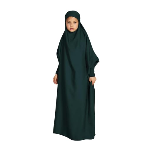 Lmdudan Girls Muslim Dress Hood Long Sleeve Prayer Dresses Robe Dubai Abaya 2026 Ramadan Kaftan Dress Kids 6-13 Years - color: Green, size: 6-7 Years