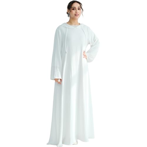 Muslim Abaya Dress for Women Lightweight Hoody Pockets Islamic Prayer Robe - color: White, size: Medium