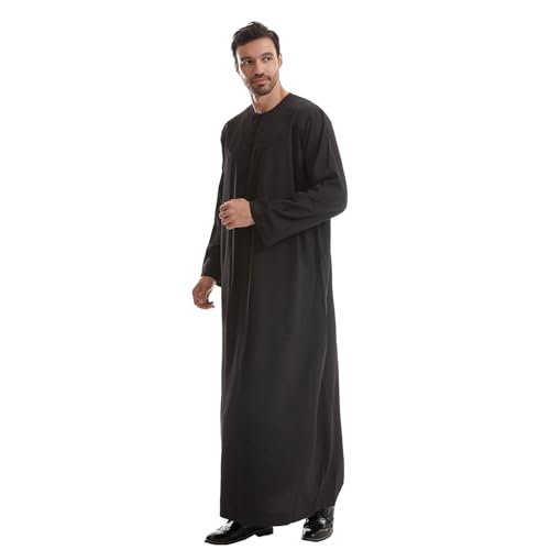 IWEMEK Men Muslim Thobe Long Sleeve Kaftan Robe with Pockets Saudi Arabic Thobe Ramadan Middle East Dubai Islamic Abaya Dress - color: Black, size: Large