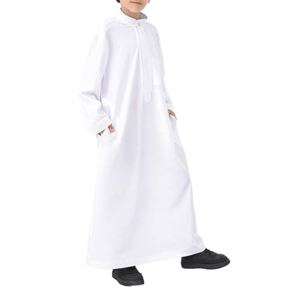 Boys Muslim Abaya Thobe Long Sleeve Cotton Islamic Prayer Kaftan Clothes Teen Kids Ramadan Plain Soft Festive Thobe - color: White, size: 5-6 Years