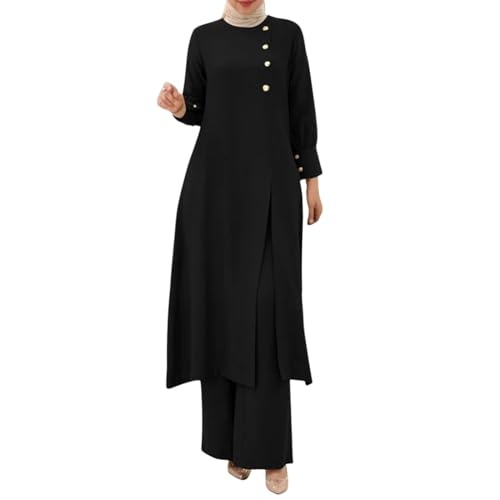 2 Piece Muslim Outfits For Women Long Sleeve Button Down Shirt And Baggy Pants Casual Dress Outfits Prayer Clothes - color: Black, size: XX-Large
