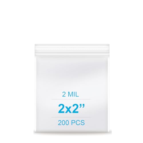 2''x 2'', (Pack of 200) 2 mil Thick Clear Plastic Reclosable Zip Poly Bags with Resealable Lock Seal Zipper for Photo, Jewelry, Bakery, Treats, Travel, Storage, Packaging & Shipping - size: 2" x 2"