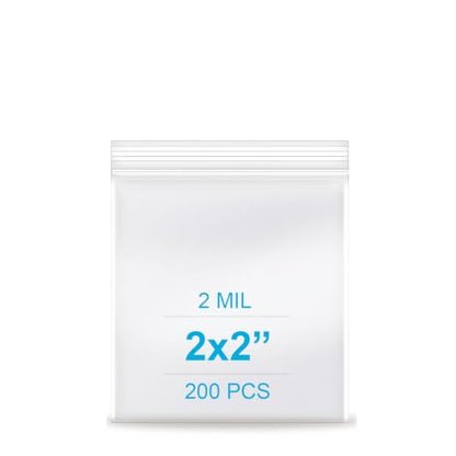 2''x 2'', (Pack of 200) 2 mil Thick Clear Plastic Reclosable Zip Poly Bags with Resealable Lock Seal Zipper for Photo, Jewelry, Bakery, Treats, Travel, Storage, Packaging & Shipping - size: 2" x 2"