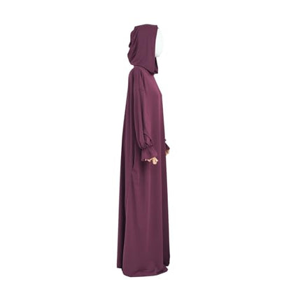 Muslim Hoodie Abaya Islamic Prayer Jilbab Maxi Robe with Inner Cap | Two-layer Cap, Prayer Abaya, Large Style - color: Wine Red