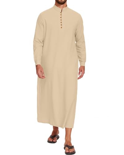 LVCBL Thobe for Men Long Sleeve Kaftan Muslim Thobe Button Down Long Gown Caftan with Pockets - color: Khaki, size: X-Large
