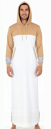 Men’s Hooded Thobe – Urban Long Sleeve Islamic Robe - White & Beige Kaftan for Eid, Prayer, Ramadan & Casual Outfits - size: Medium