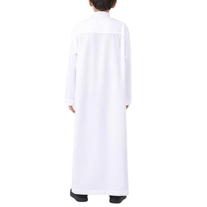 Boys Muslim Abaya Thobe Long Sleeve Cotton Islamic Prayer Kaftan Clothes Teen Kids Ramadan Plain Soft Festive Thobe - color: White, size: 3-4T
