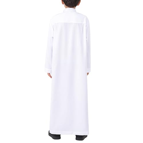 Boys Muslim Abaya Thobe Long Sleeve Cotton Islamic Prayer Kaftan Clothes Teen Kids Ramadan Plain Soft Festive Thobe - color: White, size: 5-6 Years