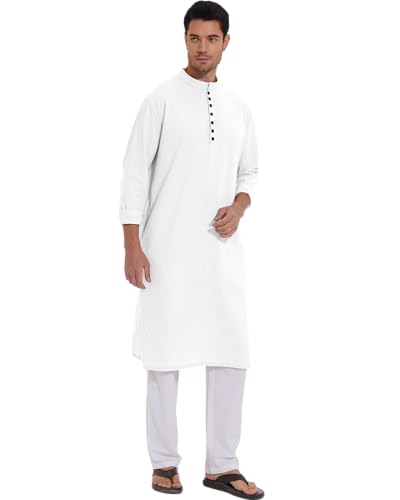 YAOHUOLE Men's Long Sleeve Muslim Thobe Robe Button Up Kaftan With Side Split and Pockets - color: 02white, size: Large