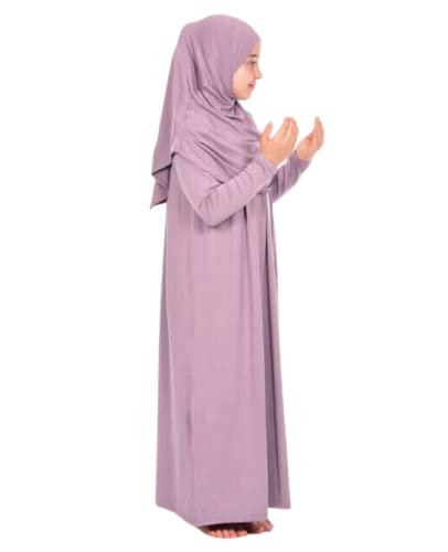 Prien Kids Prayer Dress Muslim Clothes for Girls Long Sleeve Abaya with Hijab Two Piece Maxi Islamic Set Scarf Kaftan Jilbab - color: Lilac
