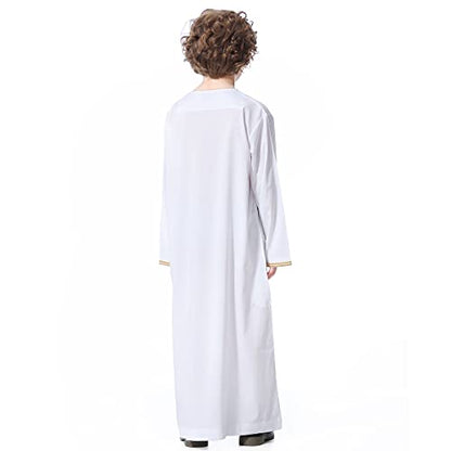 IDOPIP Muslim Boys Thobe for Kids Islamic Arabic Middle East Loose Kaftan Robes Long Zipper Prayer Thobes Dress with Pockets - color: White - Zipper, size: 9-10 Years