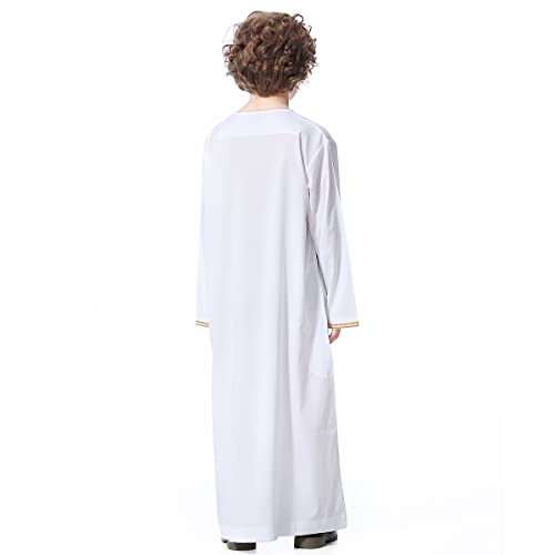 IDOPIP Muslim Boys Thobe for Kids Islamic Arabic Middle East Loose Kaftan Robes Long Zipper Prayer Thobes Dress with Pockets - color: White - Zipper, size: 13-14 Years