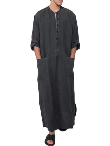 OhMill Men's Kaftan Thobe Long Sleeve Muslim Robe Button Up Side Split Kaftan Thobe with Pockets - color: Grey-xxl