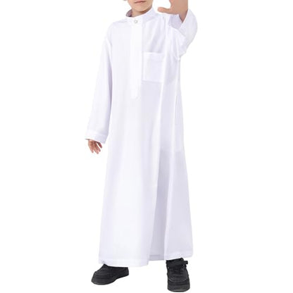 Boys Muslim Abaya Thobe Long Sleeve Cotton Islamic Prayer Kaftan Clothes Teen Kids Ramadan Plain Soft Festive Thobe - color: White, size: 5-6 Years