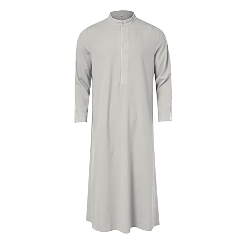 Men’s Thobe Muslim Islamic Robe Kaftan Long Sleeve Jubba Arabic Gown Ramadan Eid Prayer Ethnic Dress A9 - color: Grey, size: Small