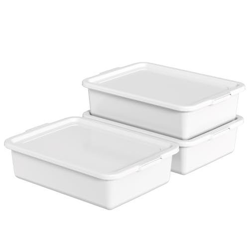 Hespama 3 Pack Commercial Bus Tub with Lid, 13 L Plastic Wash Basin, White | Food Grade