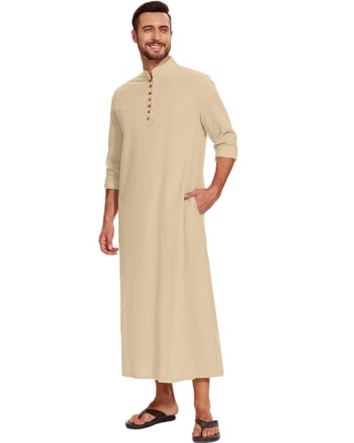 LVCBL Thobe for Men Long Sleeve Kaftan Muslim Thobe Button Down Long Gown Caftan with Pockets - color: Khaki, size: Medium