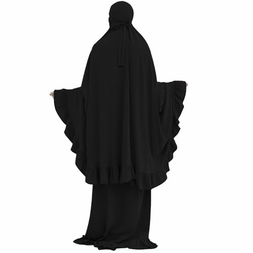2PCS Women Muslim Prayer Abaya Dress Ruffle Trim Side Pockets with Khimar - color: Black, size: Large