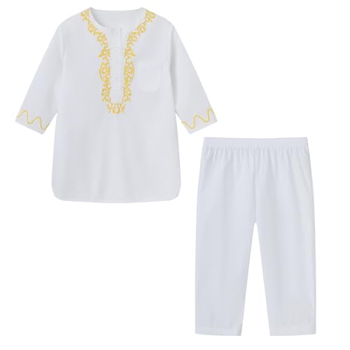 Boys Muslim Thobe Islamic Clothing Kids Muslim Prayer Clothes for Boys Eid Outfit Toddler Kaftan Ramadan Shirt Pants - color: White, size: 4-5T