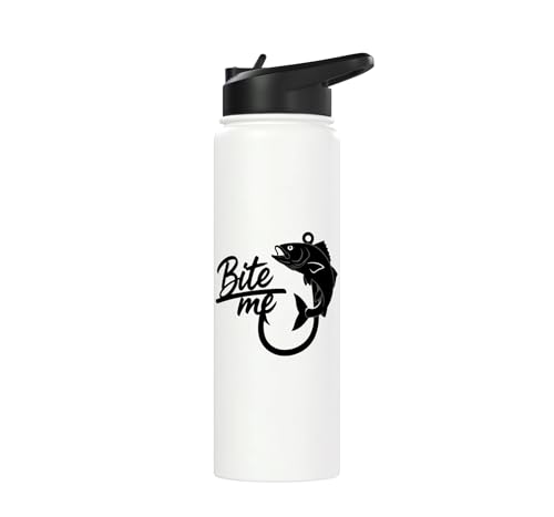 Bite Me Fishing Hook Funny Angler Fish Graphic Stainless Steel Insulated Water Bottle - color: White